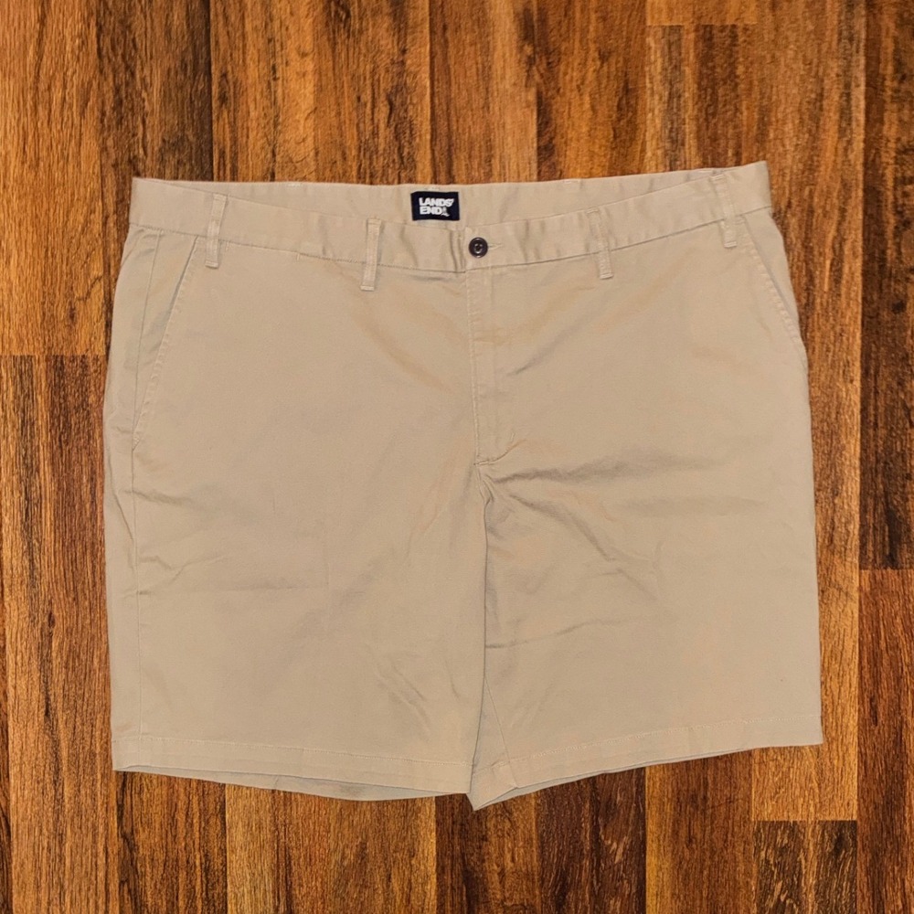 Lands End Mens 44 Khaki Chino Shorts Traditional Fit Tan Flat Front Cotton Blend
